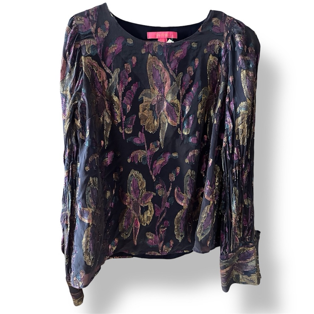 Lilly Pulitzer Navy w Metallic Multicolored Floral Design Blouse